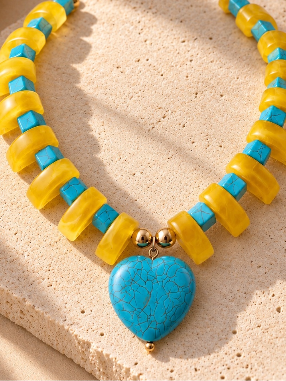 Yellow and Turquoise Heart Pendant Necklace
